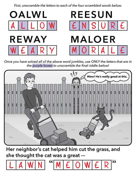 word jumble puzzle - layout - lawn meower - ANSWERS